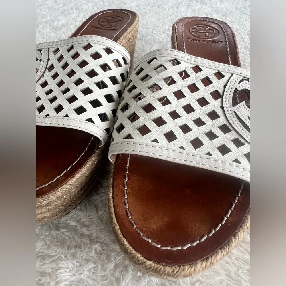 Tory Burch Sz 9 White Leather Logo Espadrille Wedge Platform Sandals Slide